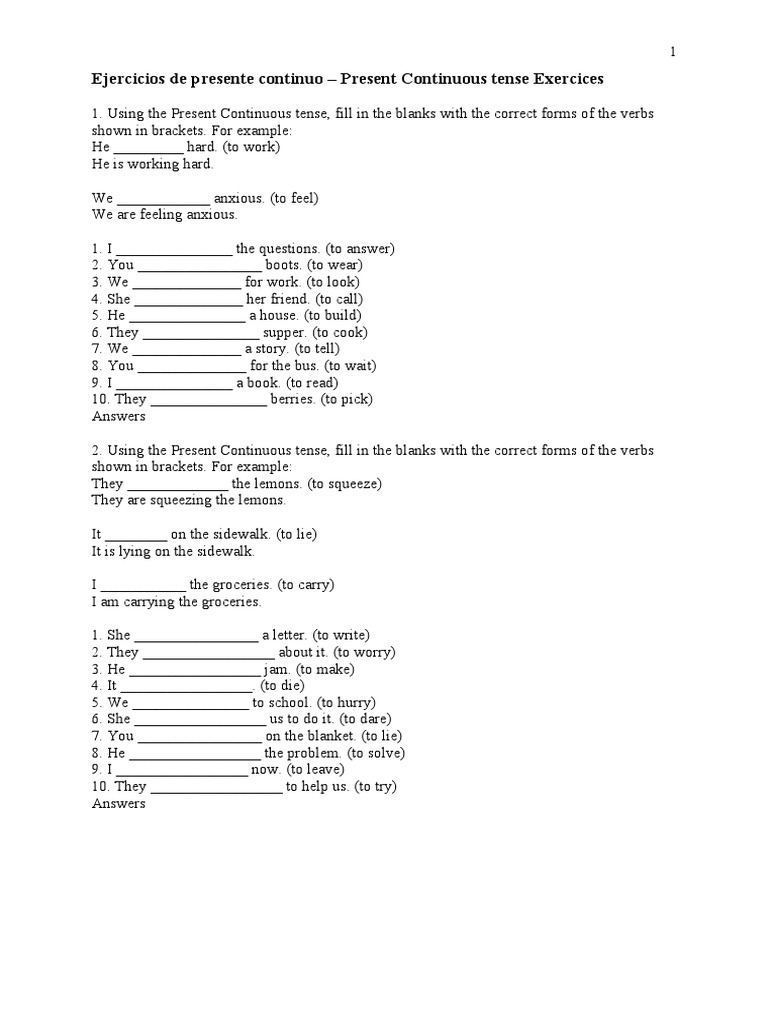 Ejercicios de Presente Continuo en Inglés | PDF | Onomastics | Style ...