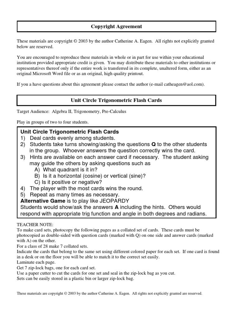 Unit Circle Flashcards PDF Elementary Geometry Trigonometry