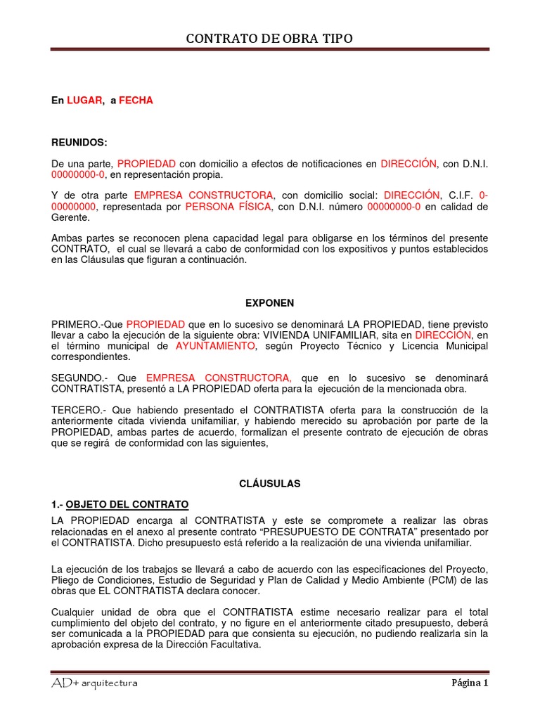 Contrato De Obra Tipo 1 Pdf