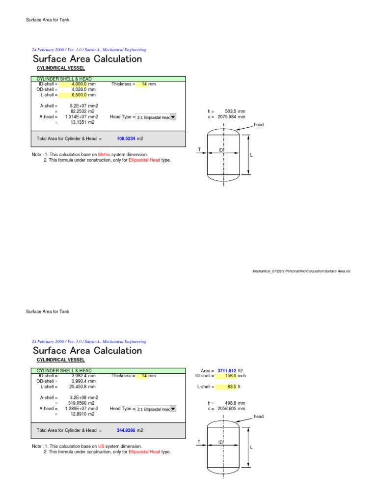 Surface Area Calculations Vessel Tanks Cylinder (Geometry) Tanks