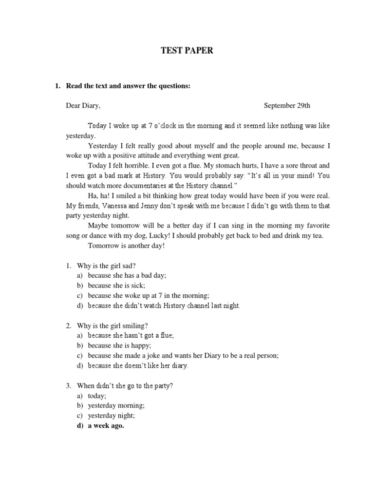 Test Paper: 1. Read The Text and Answer The Questions | PDF