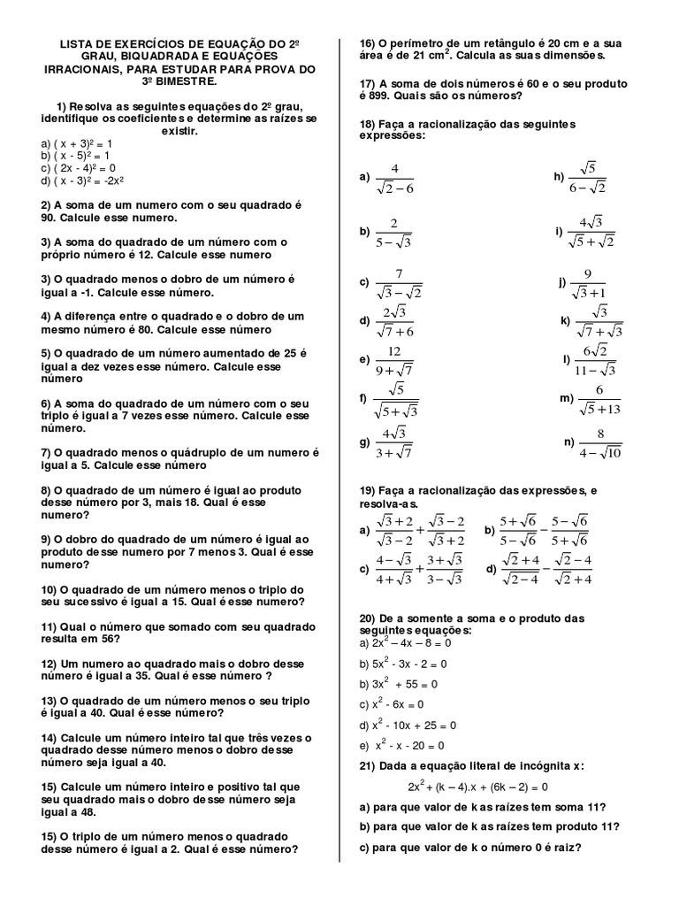 Exercícios de Equação do 2º Grau 9º Ano | PDF | Números | Equações
