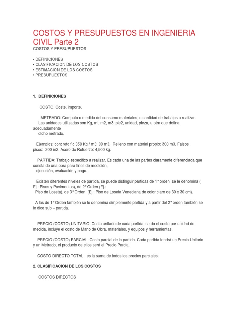Costos y Presupuestos en Ingeniería Civil | PDF | Costo | Presupuesto