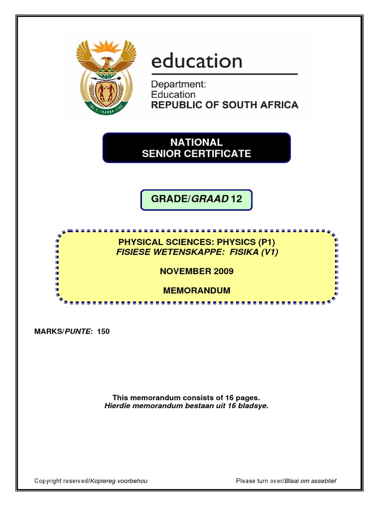 Physical Science P1 November 2009 Eng Memo | Science | Applied And