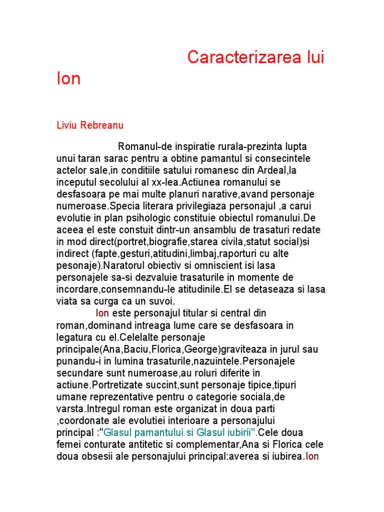 Caracterizarea Lui Ion