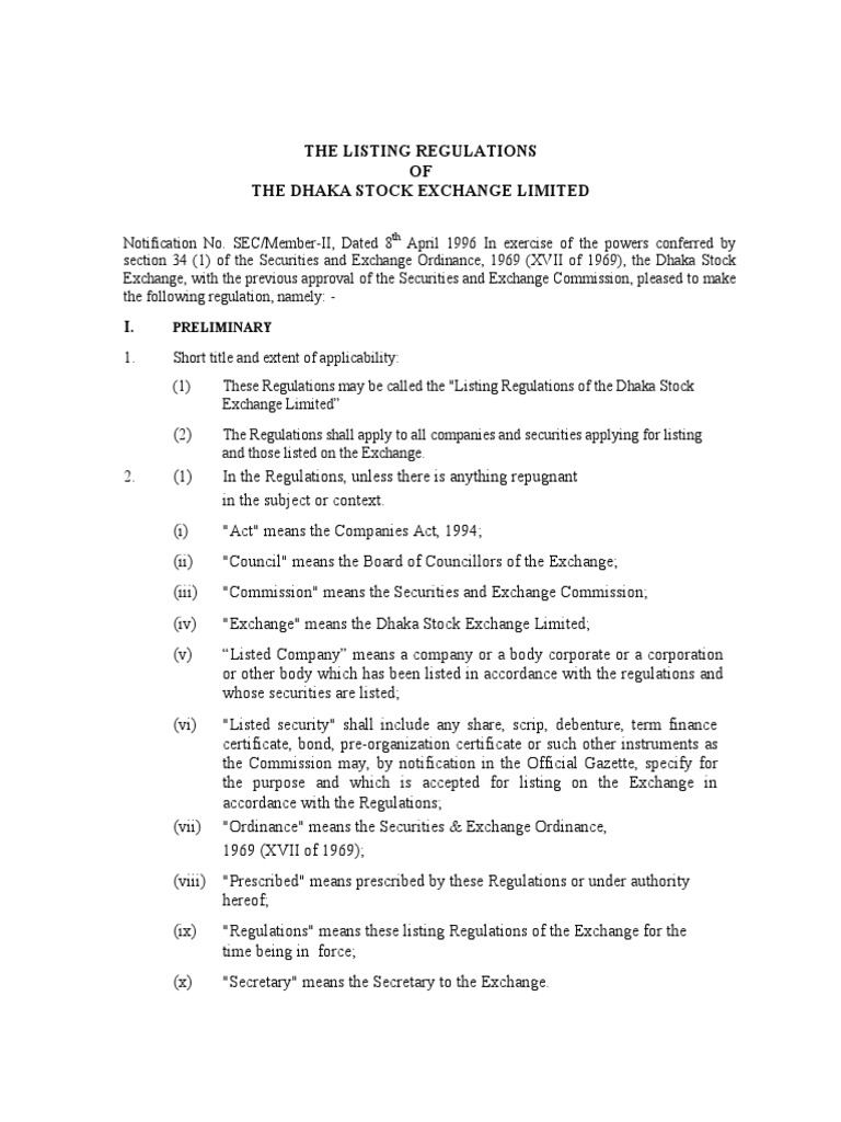 Regulation of Listings on the Dhaka Stock Exchange: Requirements for