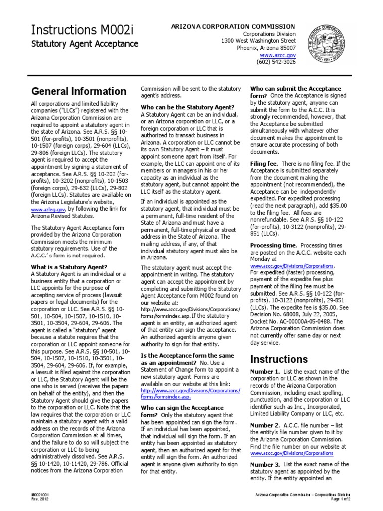 Arizona Statutory Agent Acceptance Form | PDF | Limited Liability ...