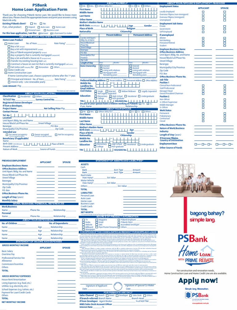 PSBank Home Loan Application Form | PDF | Loans | Mortgage Loan