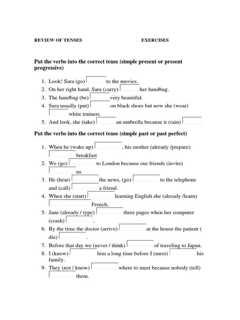 Tenses Review Exercises Worksheet | PDF | Grammatical Tense | Grammar