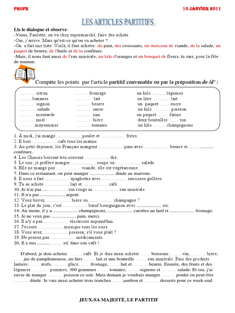 Articles Partitifs en FLE : Exercices et Jeux | PDF | Nourritures | Cuisine
