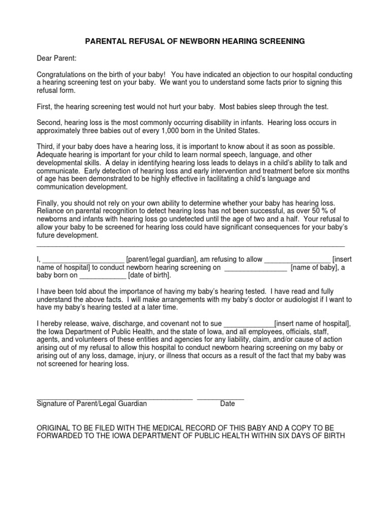 Newborn Hearing Screening Refusal Form | PDF | Infants | Hearing Loss