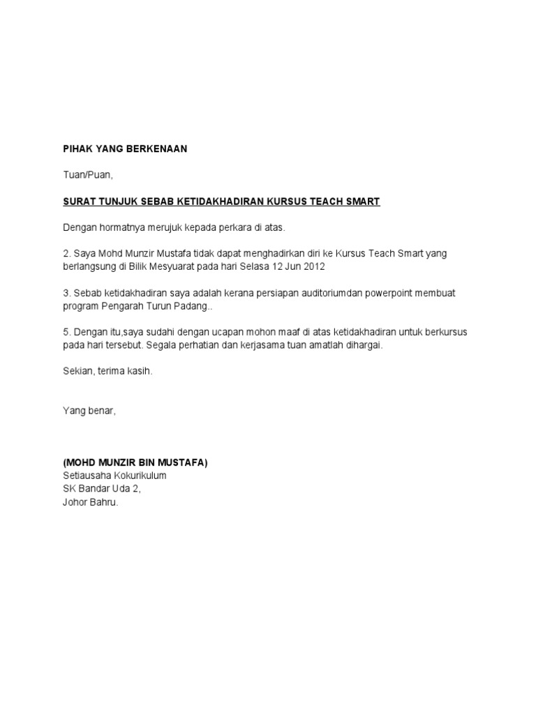 Surat Tunjuk Sebab Tidak Hadir Pdf