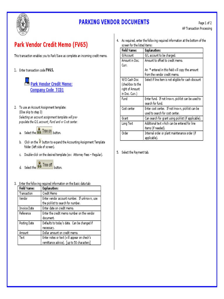 Park Vendor Credit Memo T.Code FV65 PDF Debits And Credits Cheque