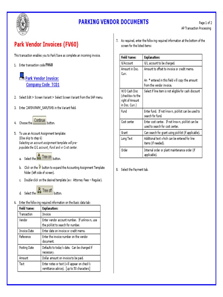 Park Vendor Invoices T.Code FV60 Download Free PDF Invoice Cheque