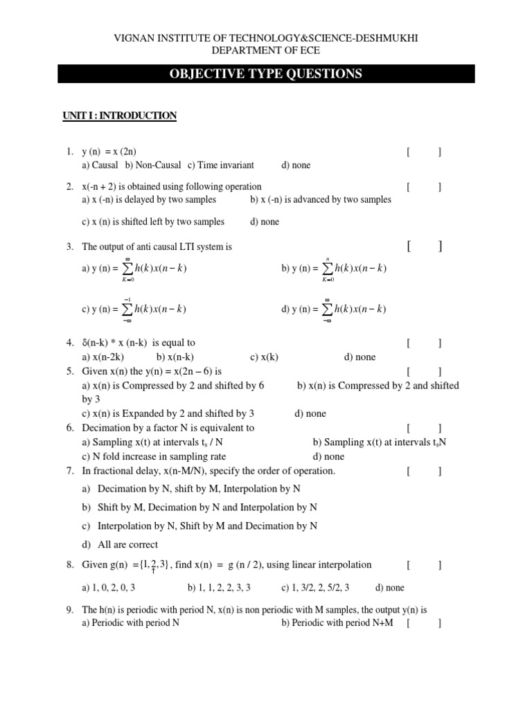 Dsp Objective Type Questions Discrete Fourier Transform Sampling Signal Processing