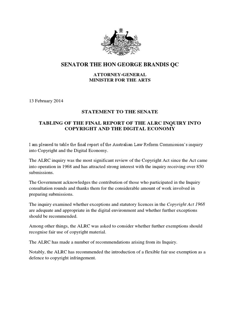 Statement - ALRC Report Copyright | PDF | Fair Use | Copyright