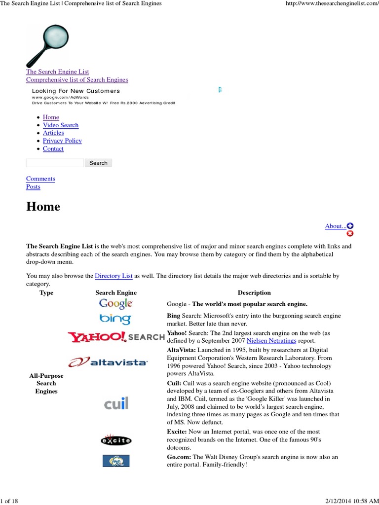 The Search Engine List | Web Search Engine | Google