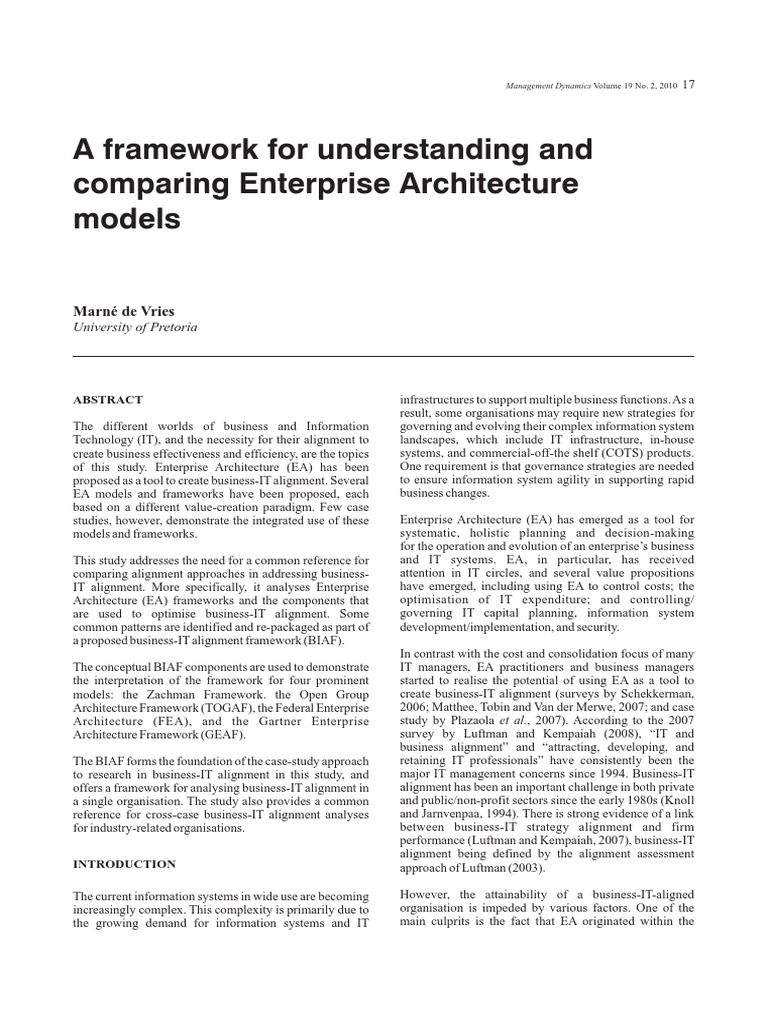 A Framework For Understanding and Comparing Enterprise Architecture ...