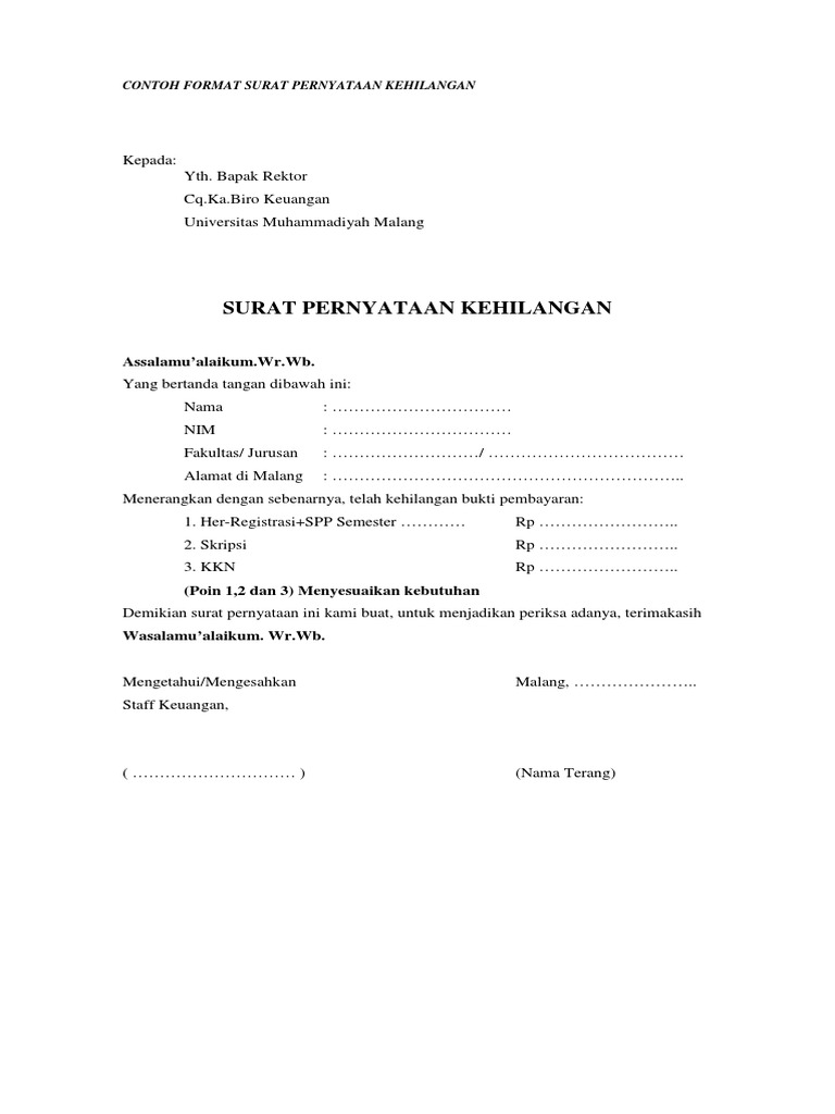 Surat Pernyataan Kehilangan Pdf