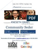 Kneseth Israel Community Seder, April 14 & 15, 2014 Annapolis