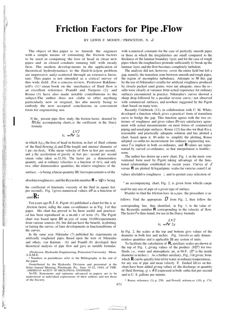 Lewis F. Moody, Friction Factor For Pipe Flow, 1944 PDF Reynolds Number Chemical Engineering