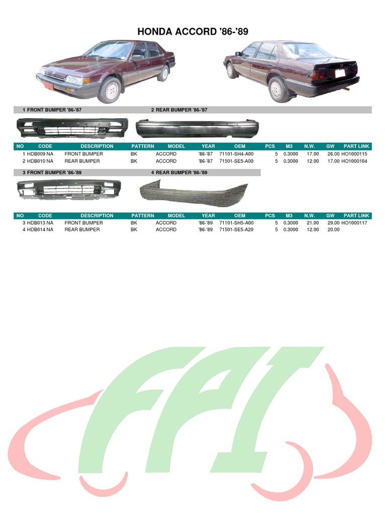 HONDA ACCORDパーツカタログ Honda Accord Parts Catalog '86-'05 | PDF | Sedans | Car