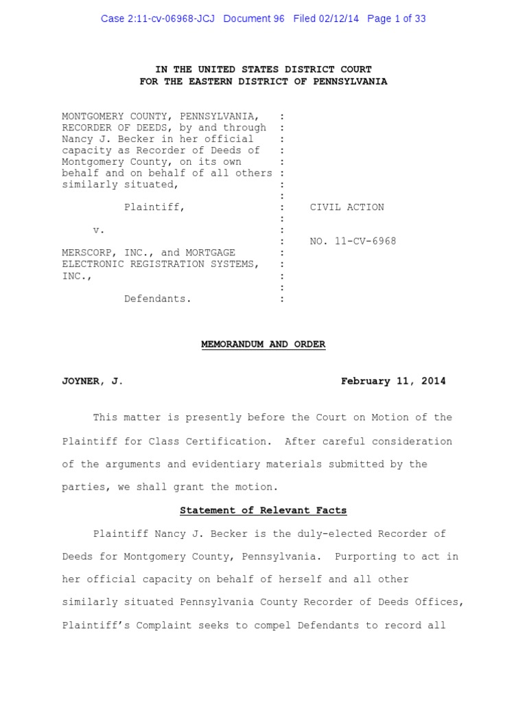 Document 96 and 97 Montgomery County, Pennsylvania, Recorder of Deeds v