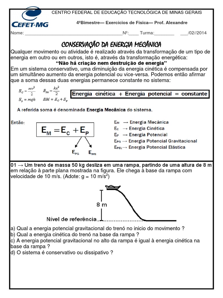 Exercícios sobre Conservação de Energia | PDF | Massa | Energia potencial