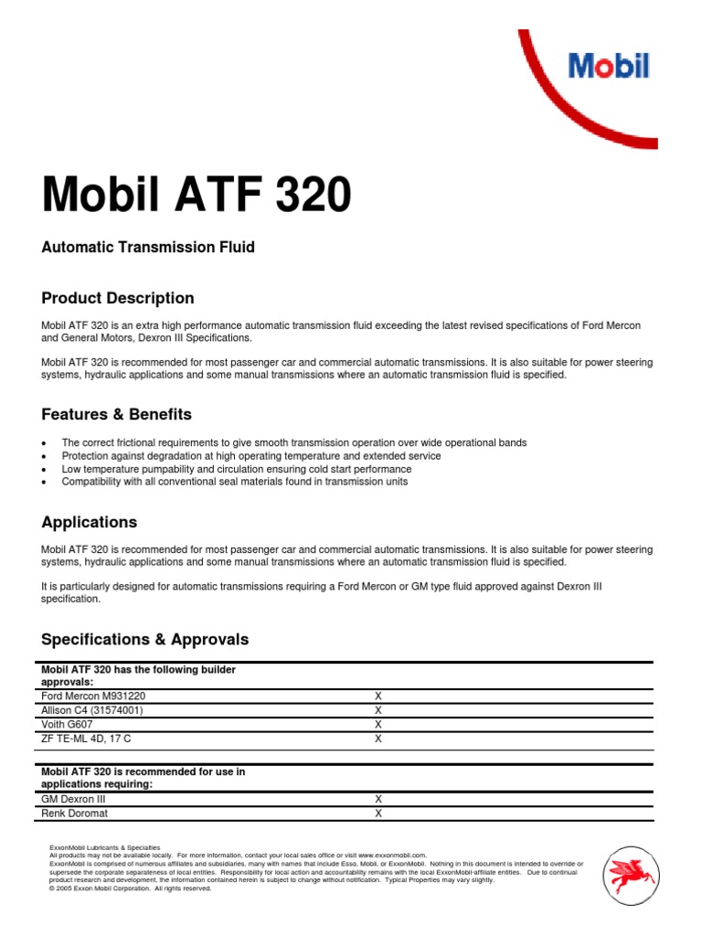 Mobil ATF 320 | PDF | Exxon Mobil | Mechanical Engineering