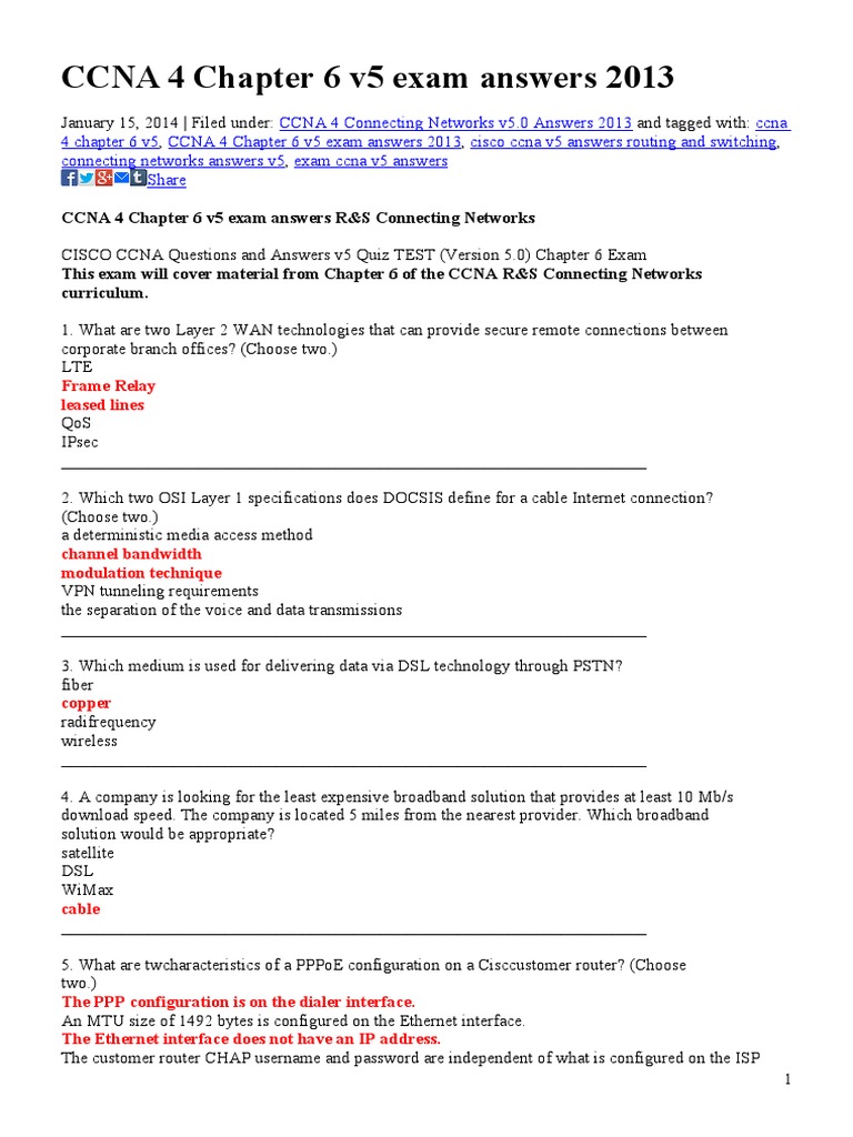 CCNA 4 Chapter 6 Exam Answers | PDF | Digital Subscriber Line | Cisco ...