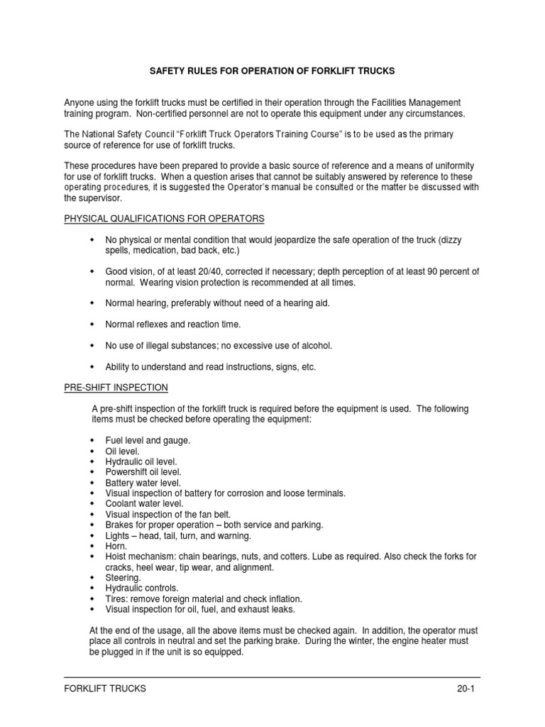 Safety Rules For Operation Of Forklift Trucks