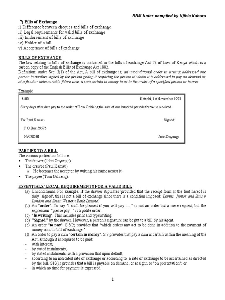 Kenya lawBills of Exchange Negotiable Instrument Money