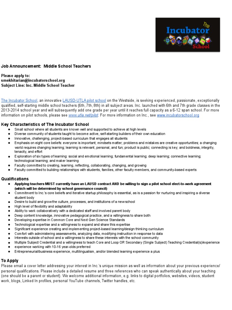 201415 Incubator School Job Announcement + OnePager PDF Project