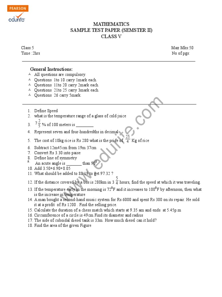 Class 5 Mathematics Sample Test Paper | PDF | Teaching Mathematics ...