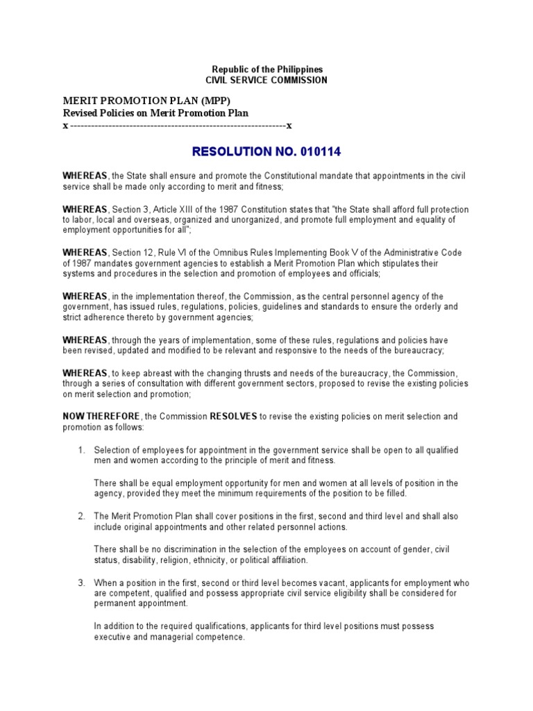 CSC Res 010114 Merit Promotion Plan PDF Civil Service Employment