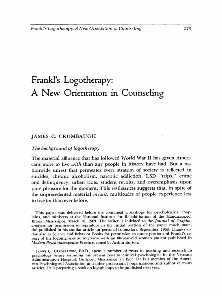 Frankl'd Logotherapy A New Orientation in Counseling | PDF | Positive ...