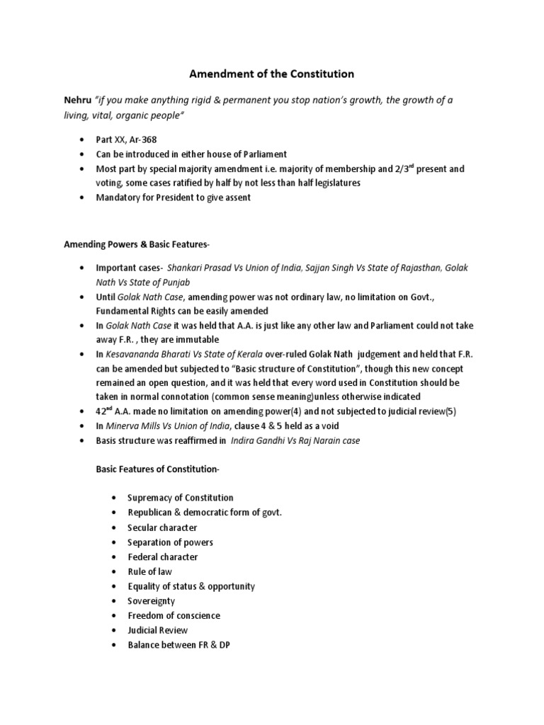 Amendments and Basic Structure of Constitution | PDF | Constitution ...
