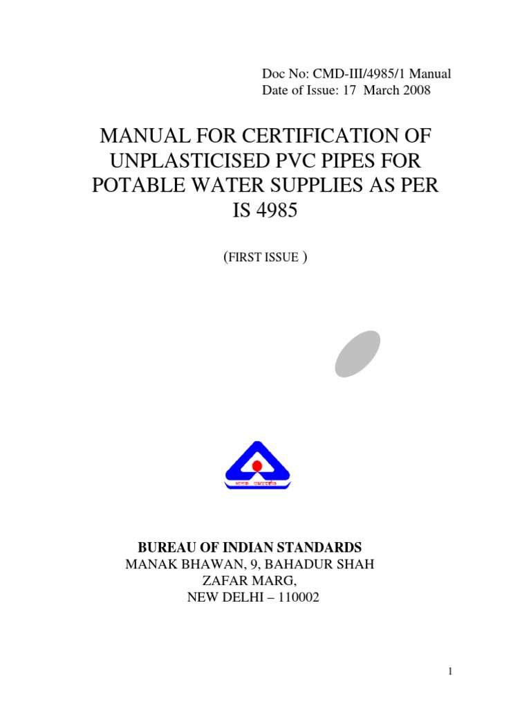 Guidelines for Certification of Unplasticised PVC Pipes for Potable