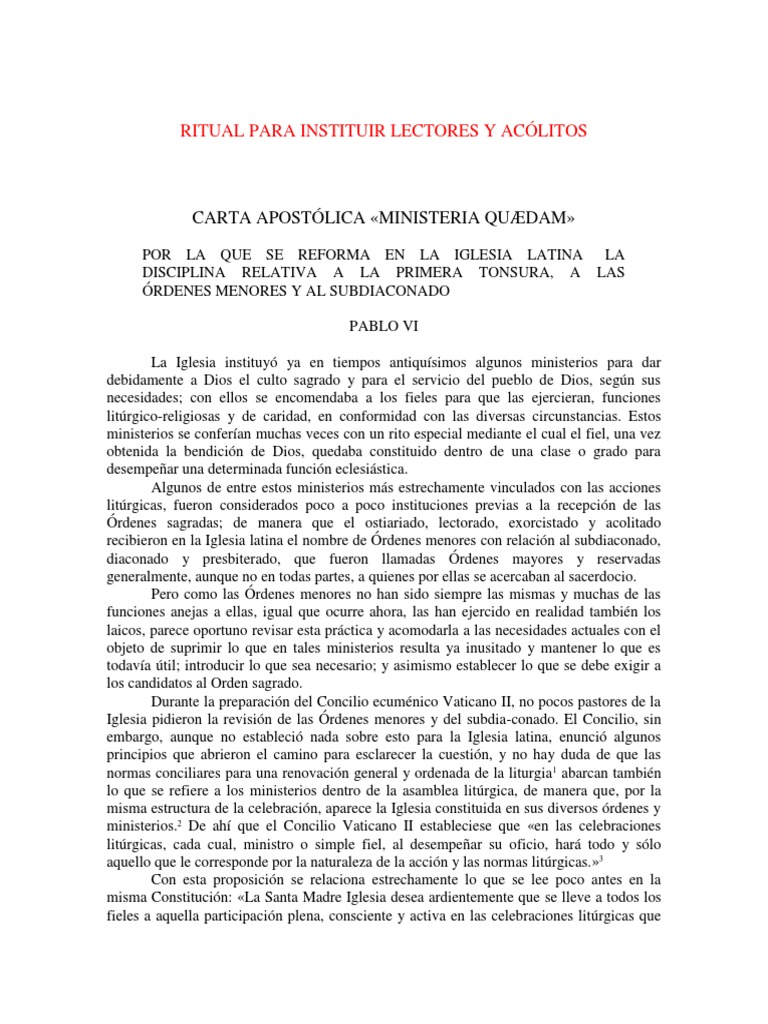 Carta Apostolica Ministeria Quaedam Pablo VI  Misa 