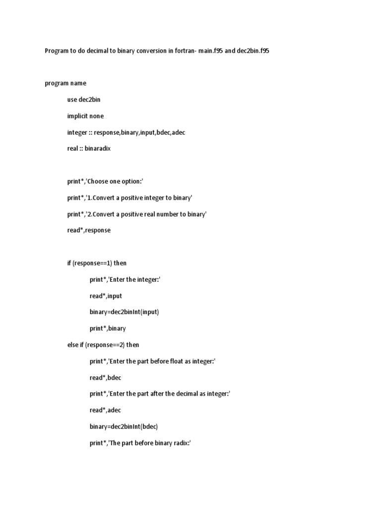 Program To Do Decimal To Binary Conversion In Fortran Pdf