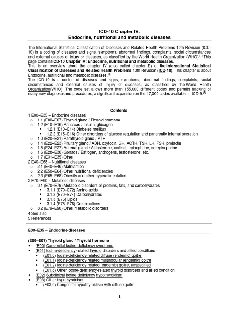 ICD 10 - Chapter 4 Endocrine, Nutritional and Metabolic Diseases ...