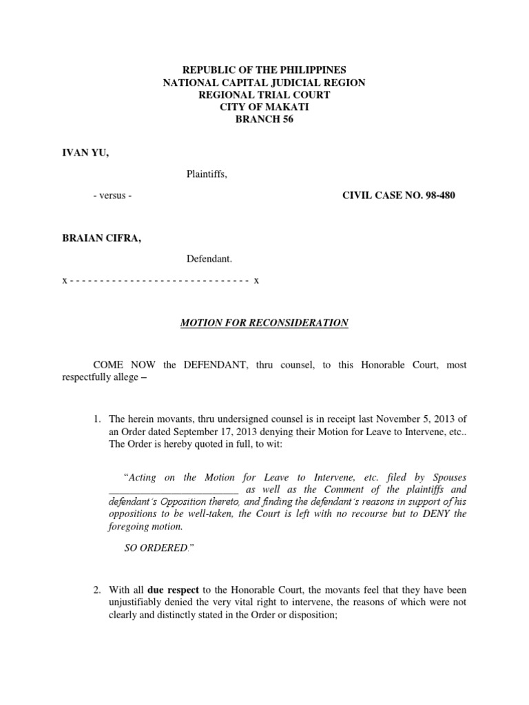 Motion for Reconsideration Default Intervention (Law) Lawsuit
