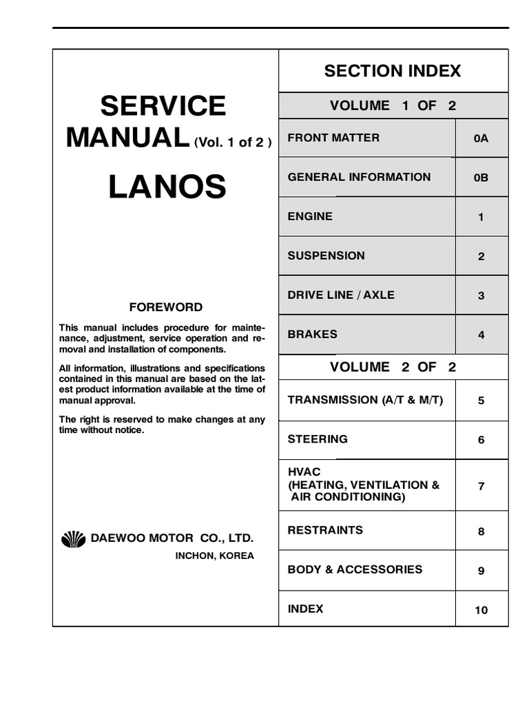 Daewoo Lanos Service Manual Full Eng | PDF | Motor Oil | Automatic