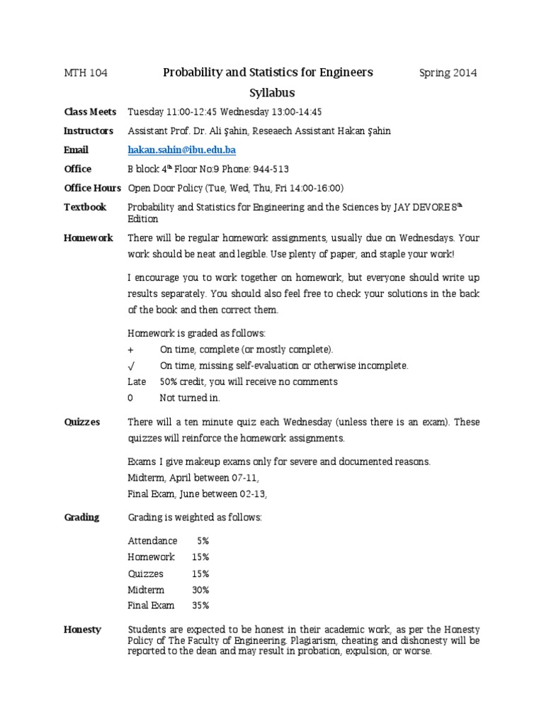 Probability and Statistics For Engineers Syllabus | PDF | Probability ...