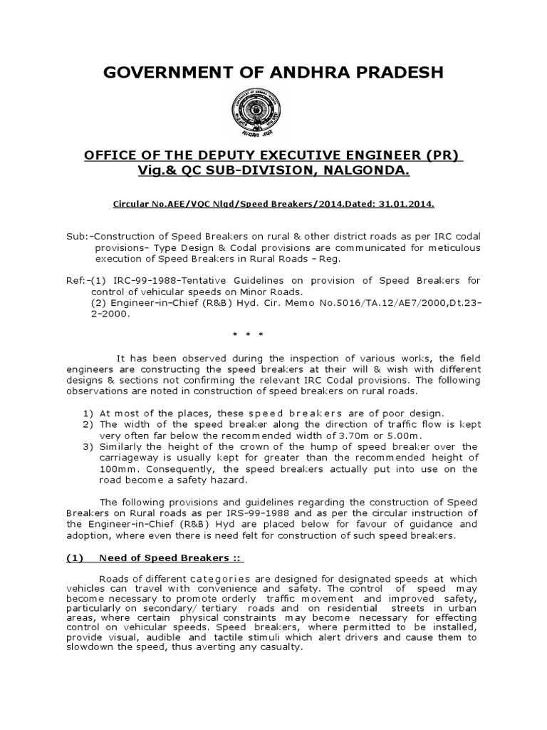 Type Design For Speed Breakers Cir Memo Dt.31.1.2014 | PDF | Traffic ...