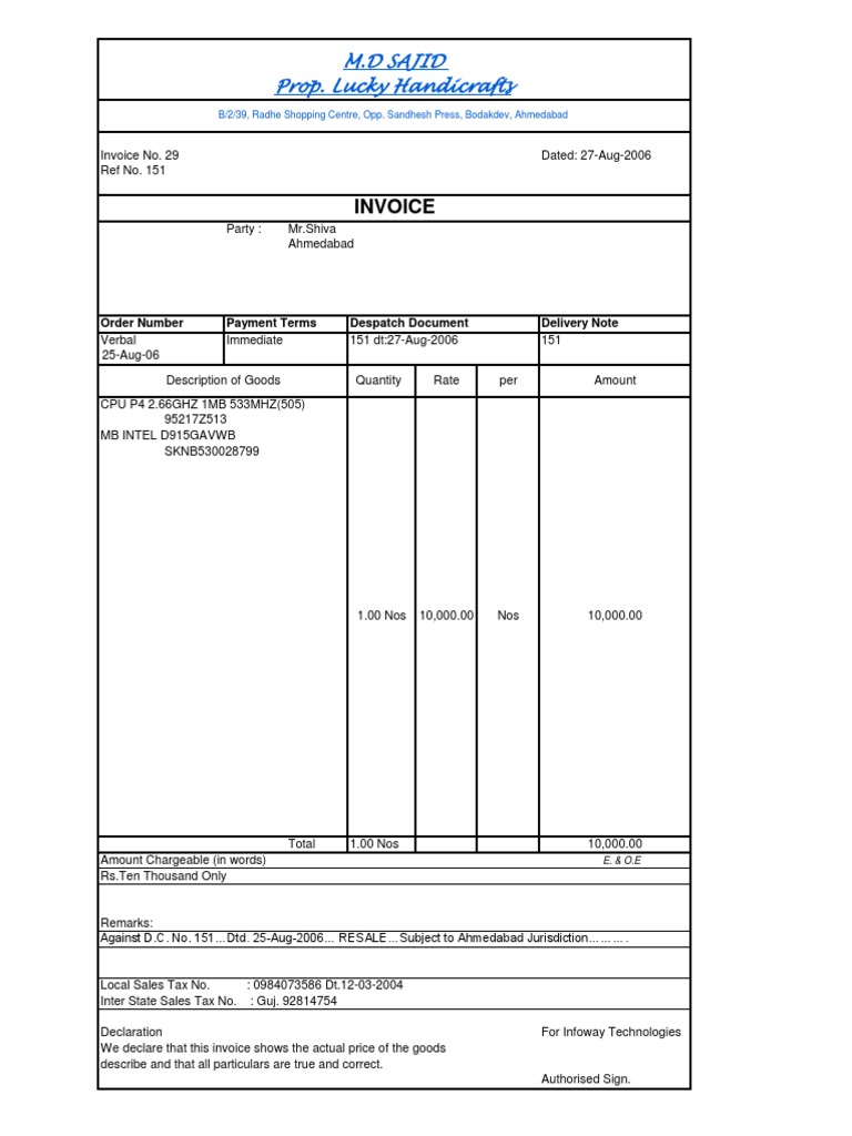 Invoice: M.D Sajid Prop. Lucky Handicrafts | PDF | Technology & Engineering