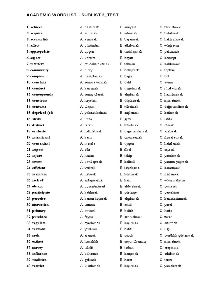 Academic Wordlist Sublist - Test2 | PDF