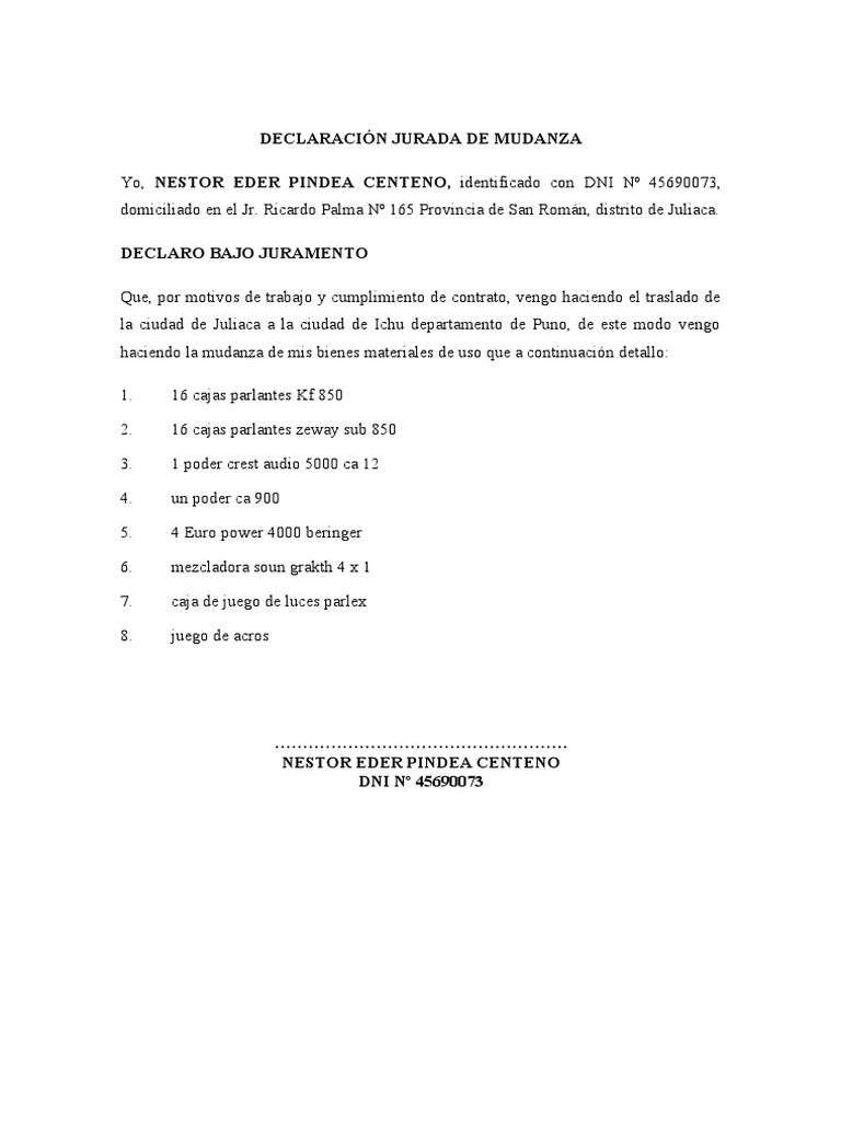 Declaración Jurada De Mudanza