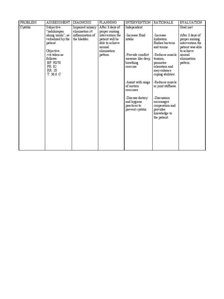 Nursing Care Plan CYSTITIS Urinary Tract Infection Urinary Incontinence
