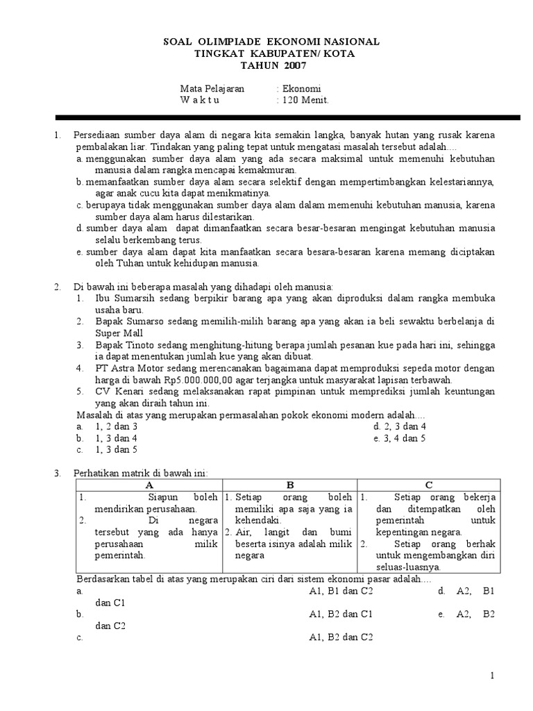 Contoh Soal Olimpiade Ekonomi Tingkat KabupatenKota